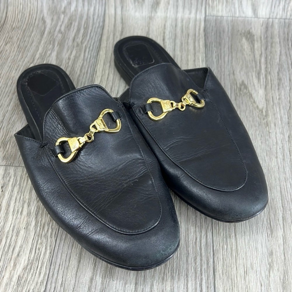Black Leather Mules with Gold Buckle
